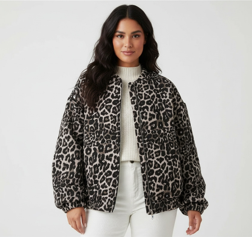Bomber Jacket Women Leopard Print Relaxed Fit
