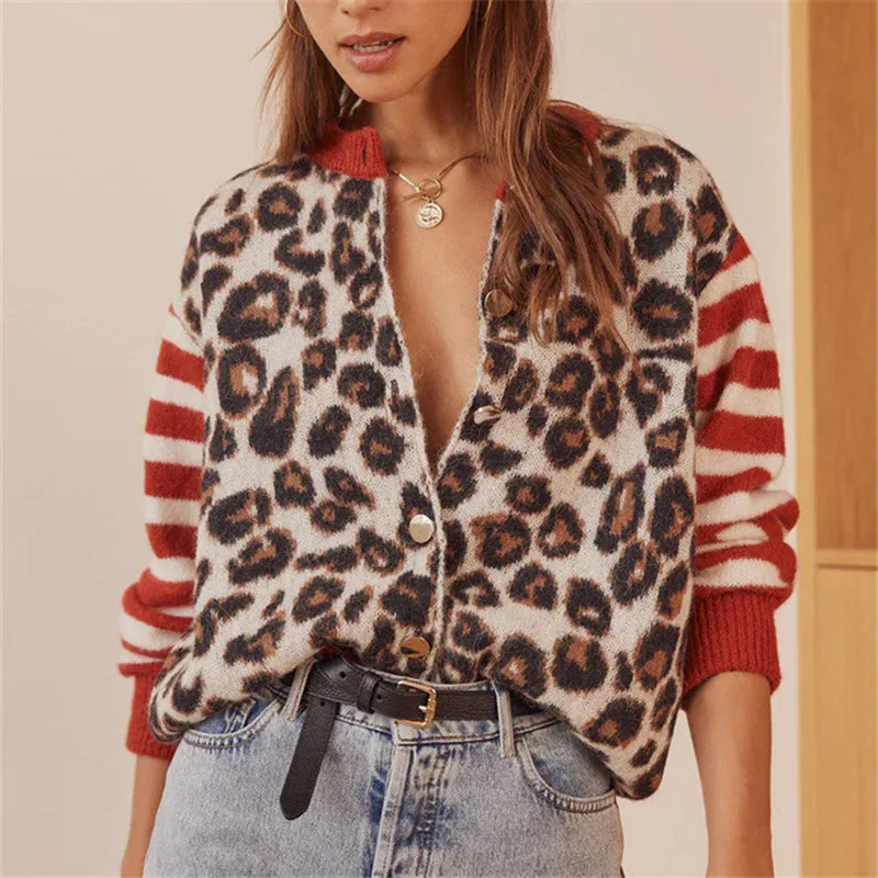Knit Cardigan Women Leopard Print Button Front Cropped Fit