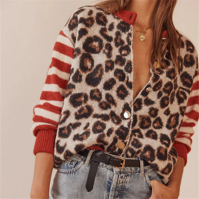 Knit Cardigan Women Leopard Print Button Front Cropped Fit