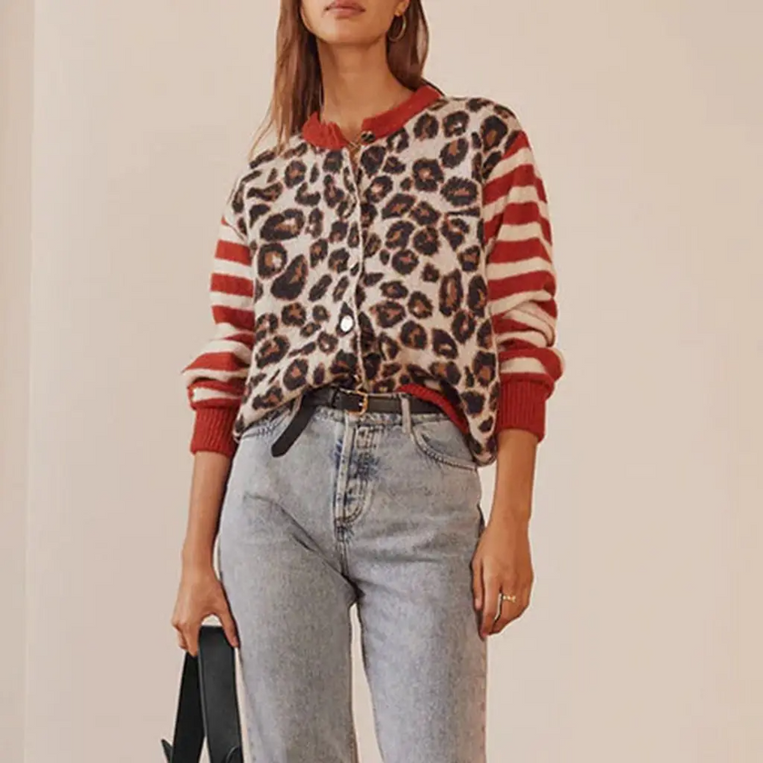 Knit Cardigan Women Leopard Print Button Front Cropped Fit
