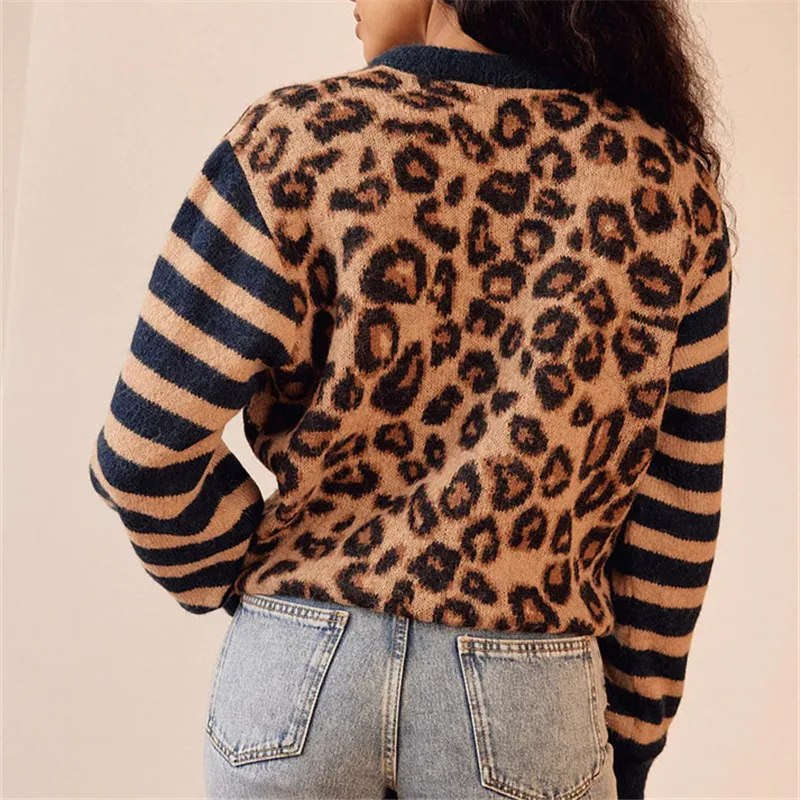 Knit Cardigan Women Leopard Print Button Front Cropped Fit