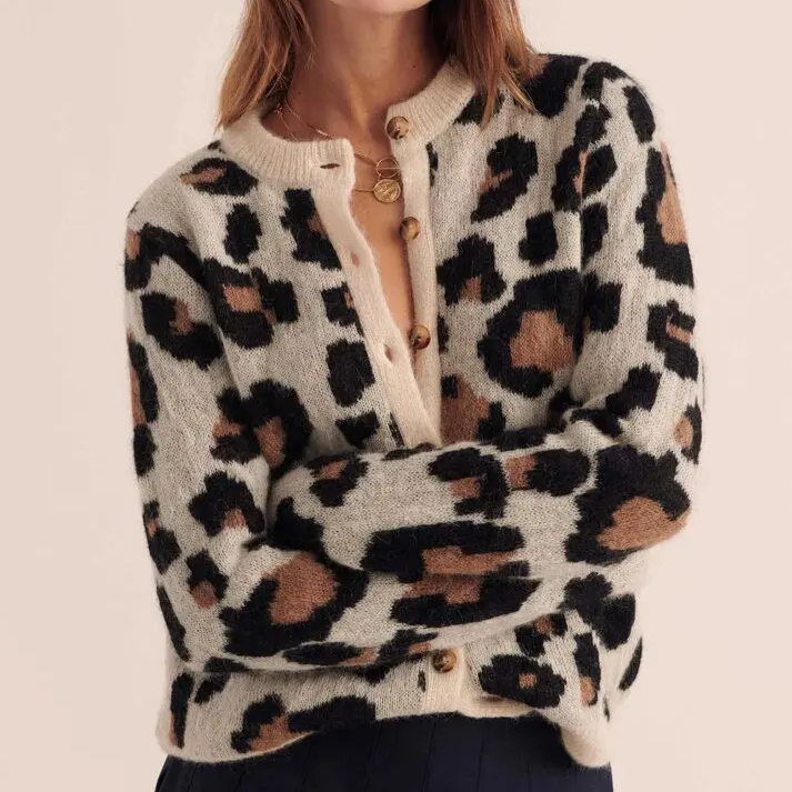 Knit Cardigan Women Leopard Print Button Front Cropped Fit
