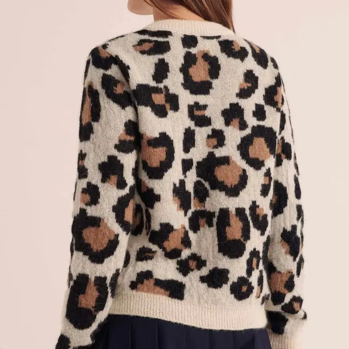 Knit Cardigan Women Leopard Print Button Front Cropped Fit