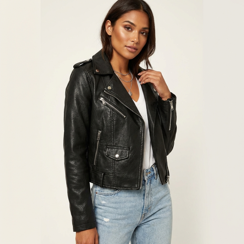 Leather Biker Jacket Women Belted Asymmetric Zip
