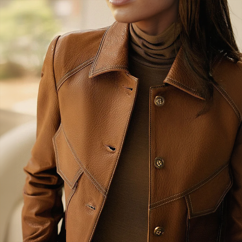 Leather Jacket Women Structured Shoulders Collar