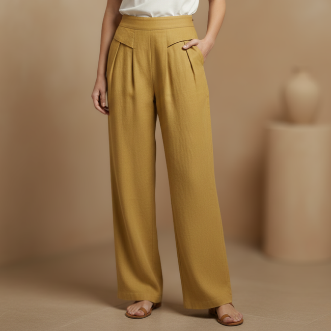 White high-waist cotton linen wide-leg trousers for women with pockets by FJØRNA, featuring a relaxed fit and stylish design.
