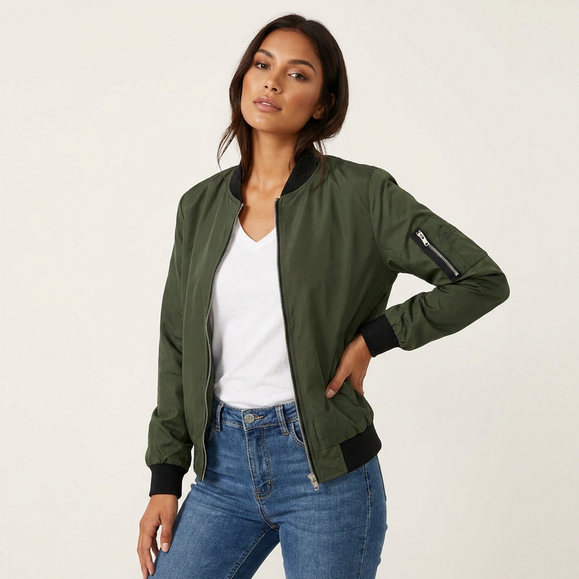 Bomber Jacket Women Lightweight Zip Ribbed Trims