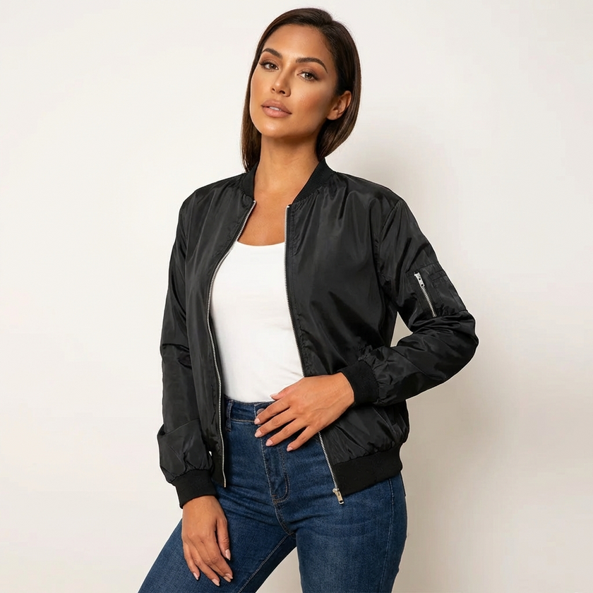 Bomber Jacket Women Lightweight Zip Ribbed Trims
