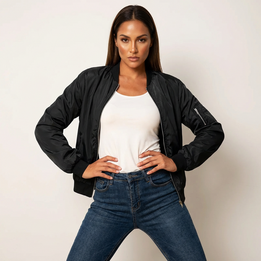 Bomber Jacket Women Lightweight Zip Ribbed Trims