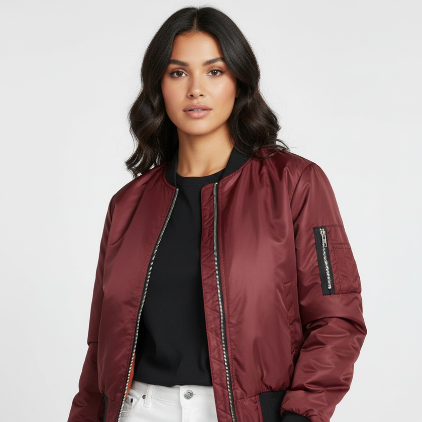 Bomber Jacket Women Lightweight Zip Up Burgundy