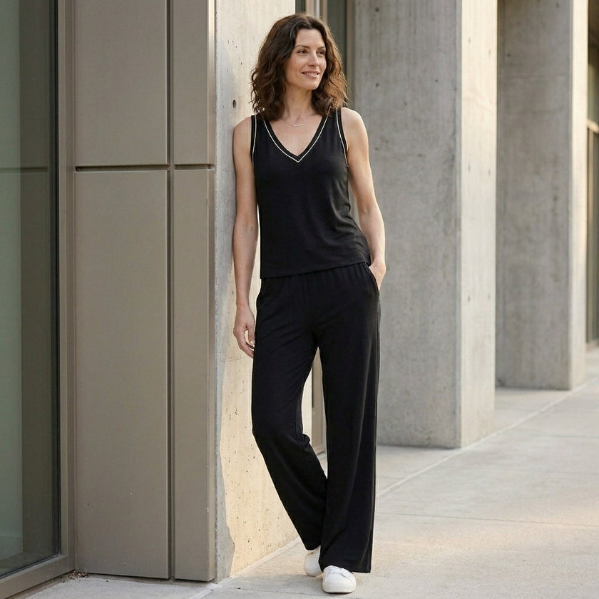 FJØRNA women's summer two-piece set with wide-leg pants and V-neck top, stylish co-ord outfit for warm weather.