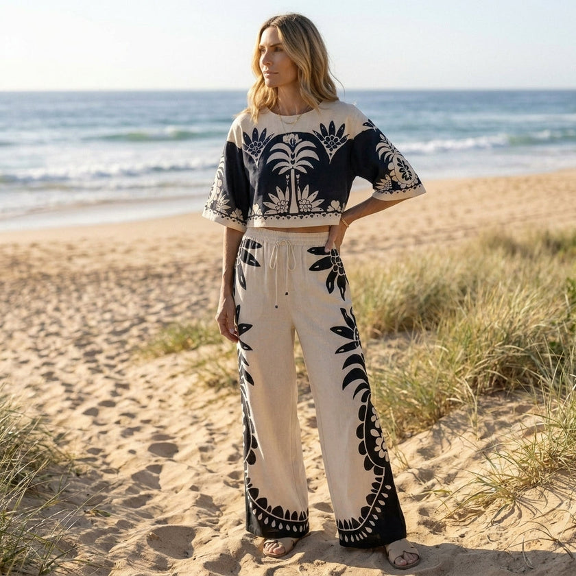 FJØRNA elegant two-piece women's co-ord set with print and drawstring, styled in a casual lifestyle setting.