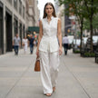 FJØRNA elegant two-piece women's co-ord set with asymmetric high neck, styled in a modern, chic outfit for a fashionable look.