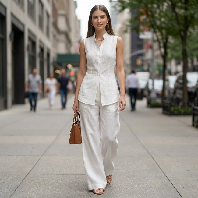 FJØRNA elegant two-piece women's co-ord set with asymmetric high neck, styled in a modern, chic outfit for a fashionable look.