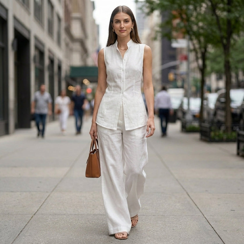 FJØRNA elegant two-piece women's co-ord set with asymmetric high neck, styled in a modern, chic outfit for a fashionable look.