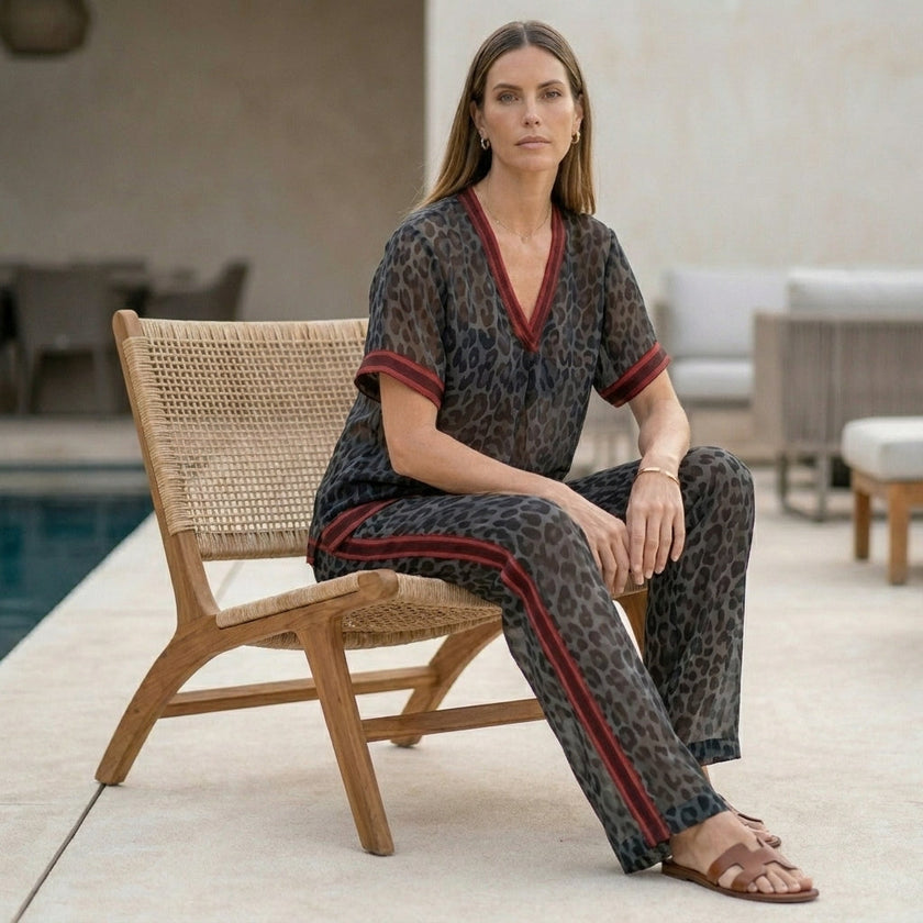 FJØRNA women's chiffon leopard print two-piece co-ord set worn in a stylish lifestyle setting.