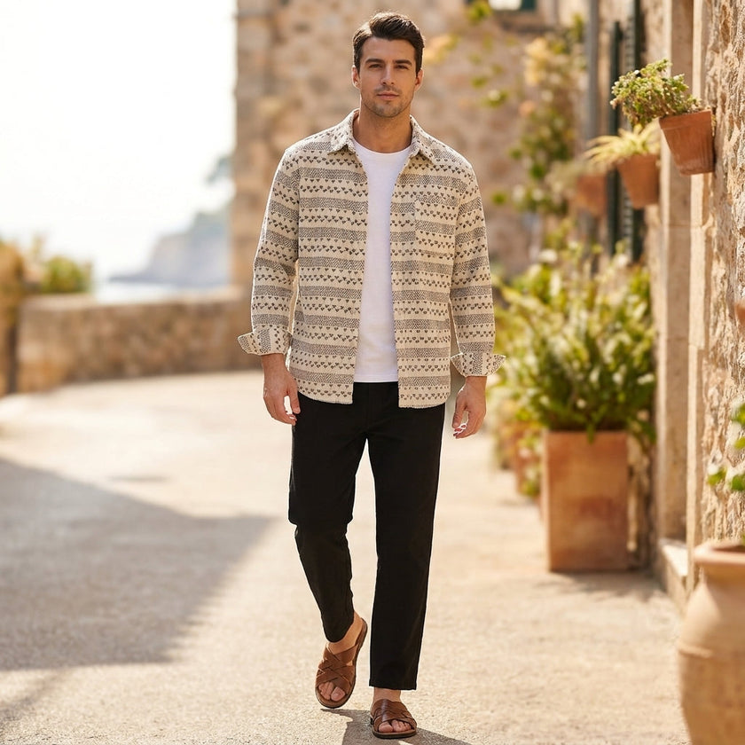 Men's FJØRNA geometric corduroy relaxed button-front shirt, casual tops for men, showcased in a lifestyle setting.
