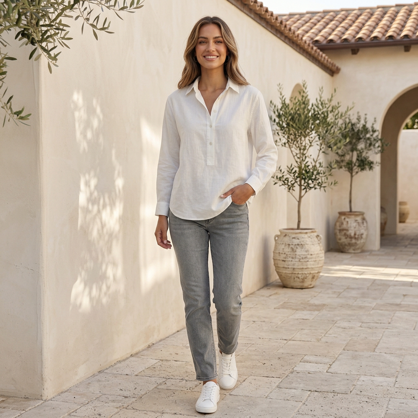 Women’s white linen V-neck popover blouse by FJØRNA, relaxed fit, casual lifestyle top for women.