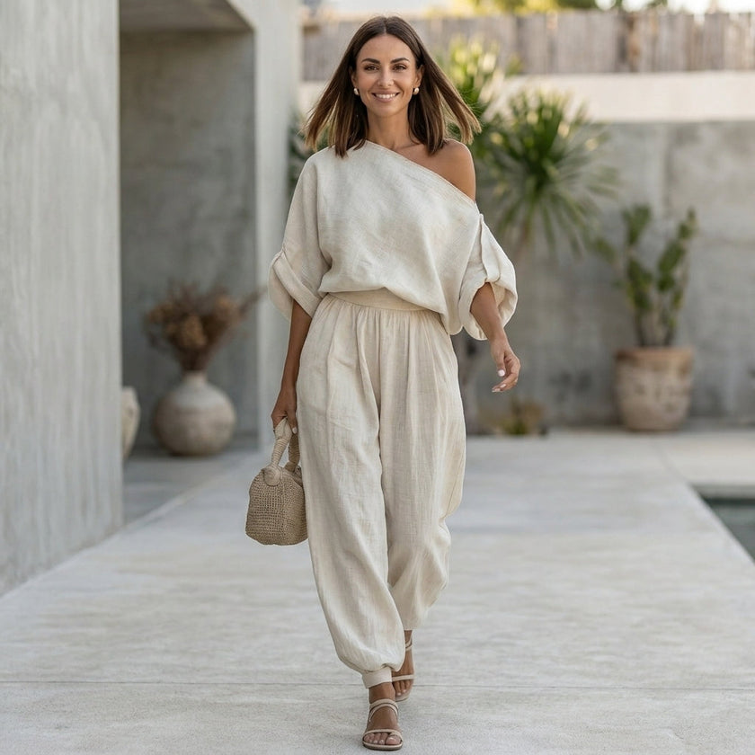FJØRNA elegant two-piece women's co-ord set with one-shoulder design and pockets, styled for casual or stylish wear.
