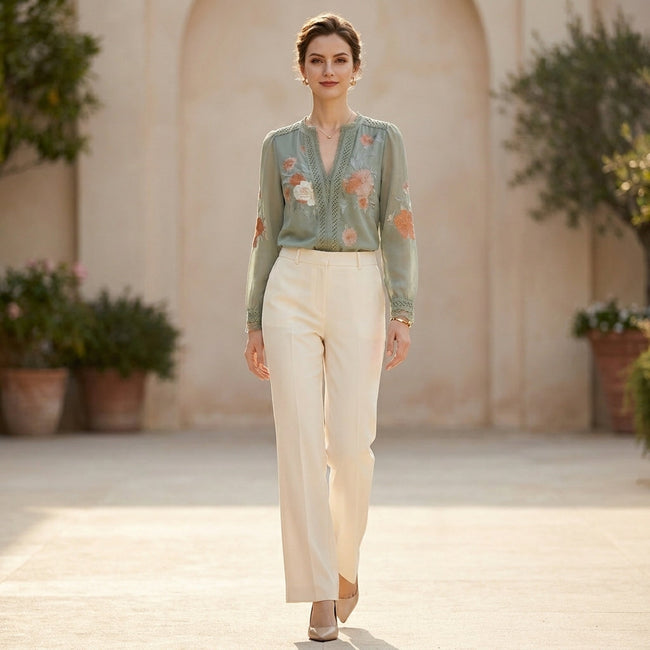 FJØRNA women's floral V-neck long sleeve summer blouse worn by a woman in a casual outdoor setting.