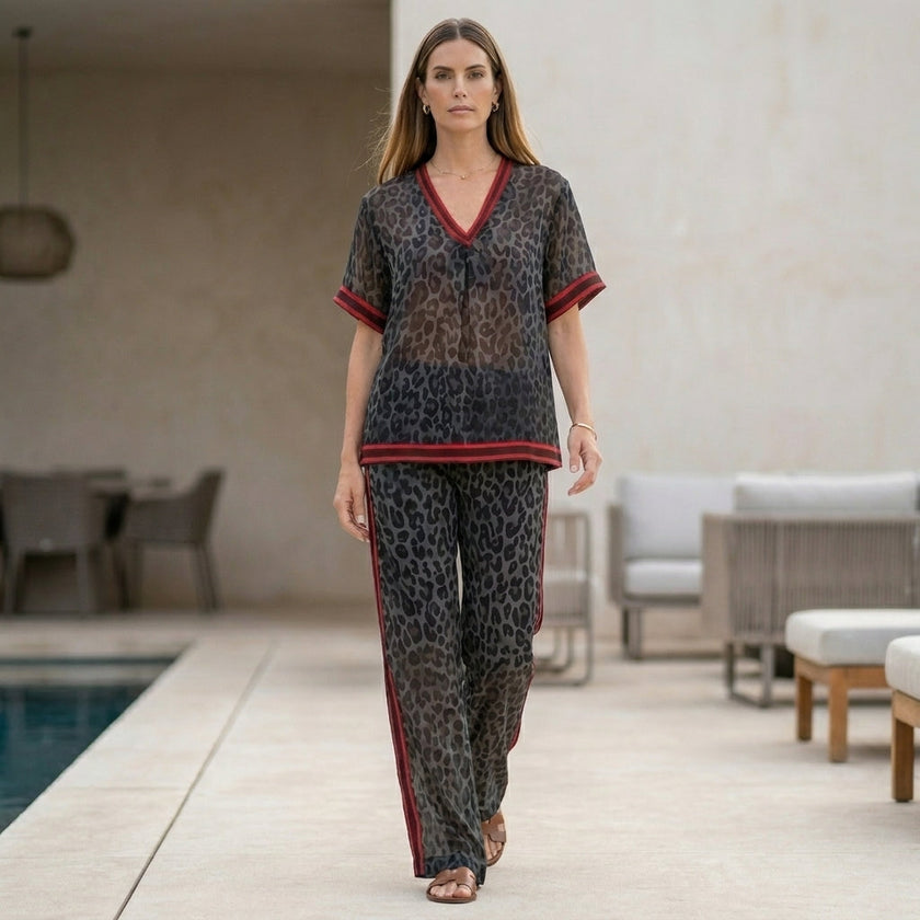 FJØRNA women's elegant two-piece chiffon leopard co-ord set styled for casual wear with flowing fabric and trendy animal print.