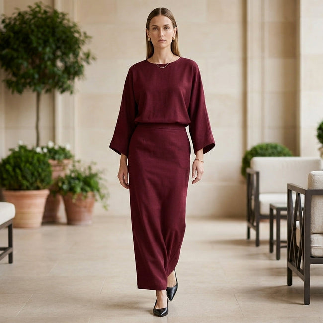 FJØRNA women's summer two-piece wrap co-ord set, stylish matching top and skirt worn casually outdoors.