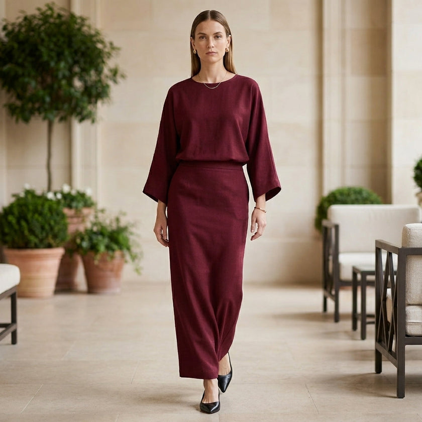 FJØRNA women's summer two-piece wrap co-ord set, stylish matching top and skirt worn casually outdoors.