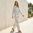 FJØRNA women's summer two-piece co-ord set with a printed design and button-front top, styled for casual wear.