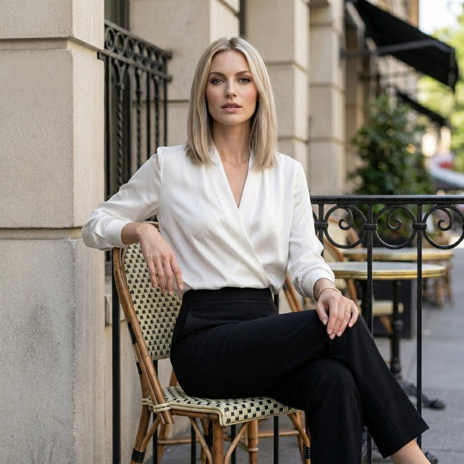FJØRNA women's summer satin blouse with V-neck and long sleeves, casual stylish top for warm weather, shown in a lifestyle setting.