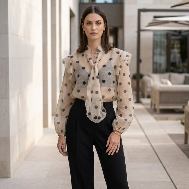 FJØRNA women's summer polka dot blouse with long sleeves, casual top worn in a relaxed lifestyle setting.