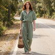 FJØRNA women's elegant two-piece drawstring co-ord set worn in a casual lifestyle setting, featuring stylish matching top and pants.