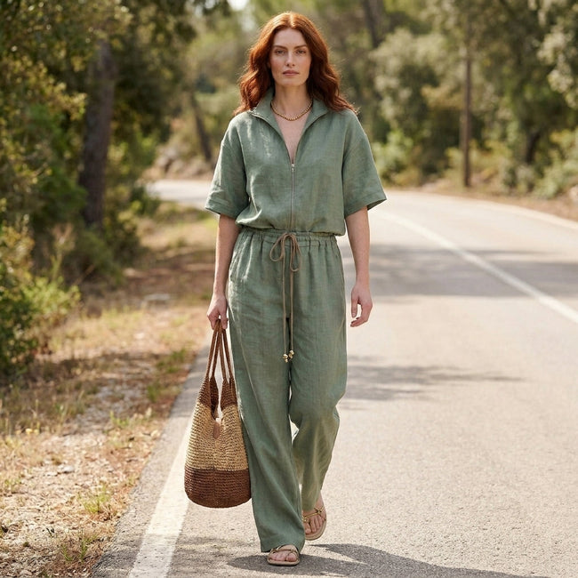 FJØRNA women's elegant two-piece drawstring co-ord set worn in a casual lifestyle setting, featuring stylish matching top and pants.