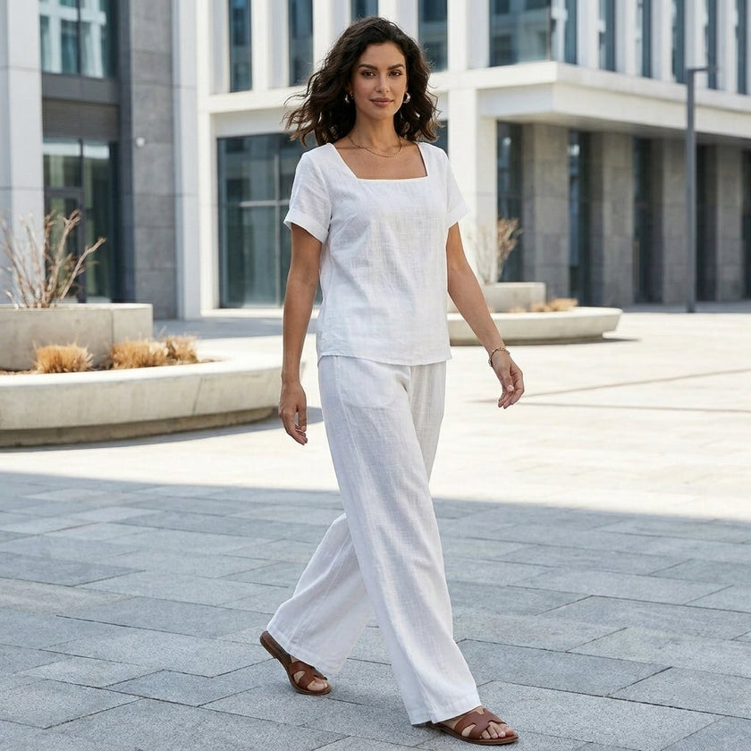 FJØRNA women's summer two-piece co-ord set with wide-leg relaxed fit, styled in a casual outdoor lifestyle setting.