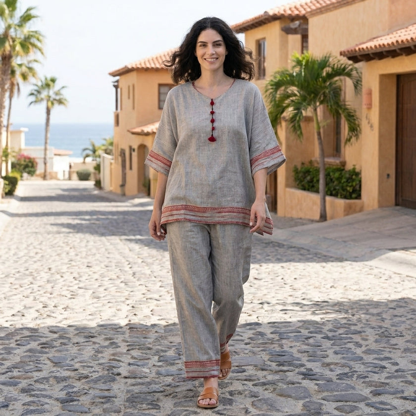 FJØRNA women's summer two-piece set with wide-leg pants and matching top, casual stylish co-ord outfit for warm weather.