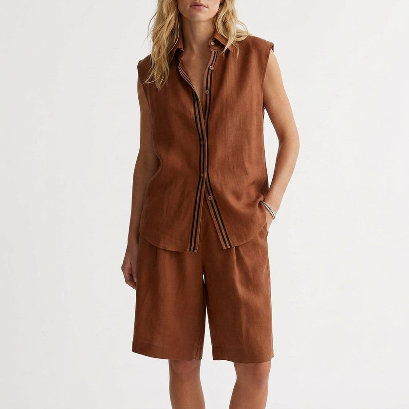 Light brown women’s summer two-piece pleated co-ord set by FJØRNA, lightweight and stylish for warm weather.