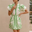 Light green linen floral two-piece co-ord set for women by FJØRNA, featuring a stylish and elegant matching top and skirt.