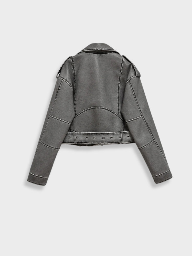 Moto Jacket Women Washed Faux Leather Cropped Asymmetric Zip