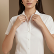 Light beige linen-blend short sleeve women's shirt by FJØRNA, loose fit blouse, casual top with a relaxed style.