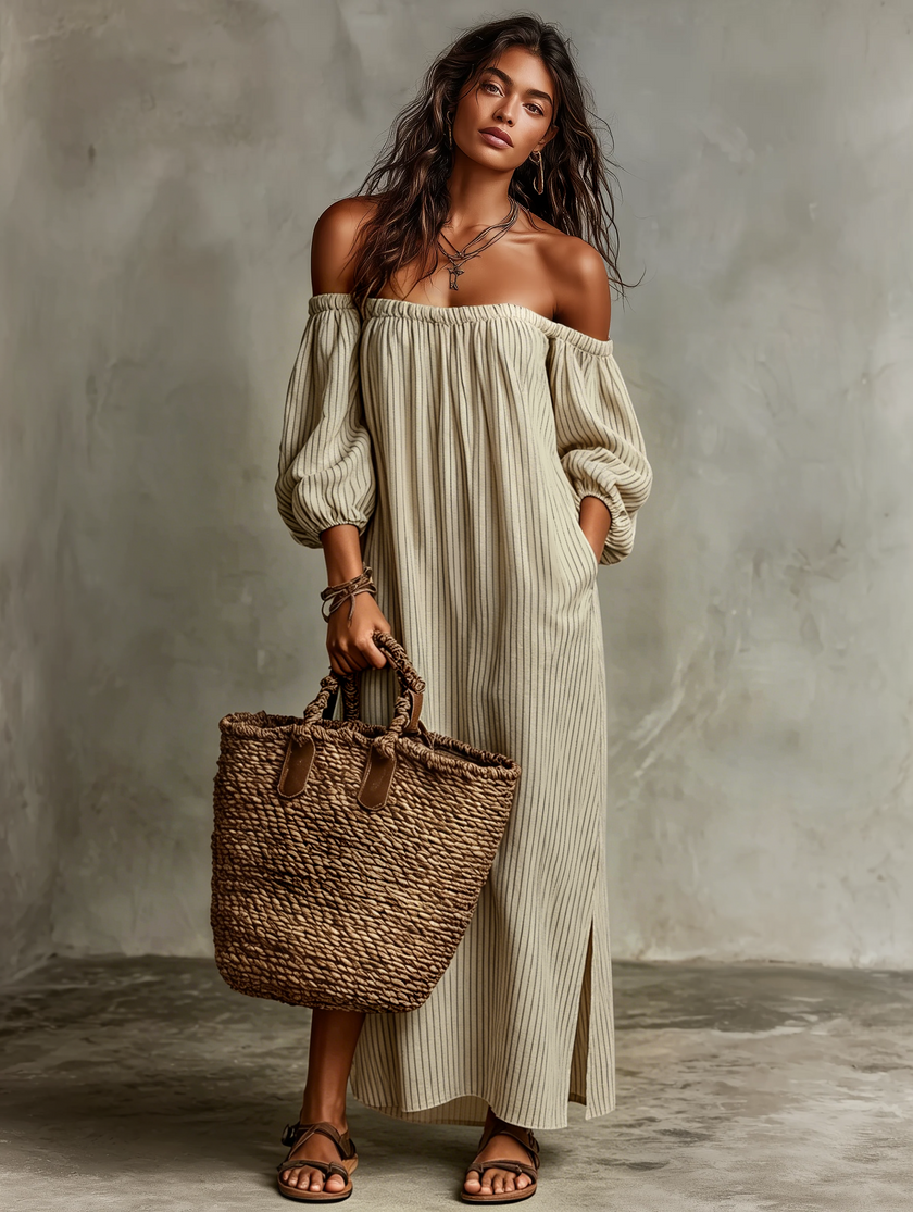 FJØRNA linen maxi dress in a casual style, featuring a flowing silhouette and light fabric, perfect for warm weather.
