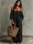 FJØRNA linen maxi dress in casual style, featuring a flowing silhouette and lightweight fabric, perfect for relaxed summer wear.