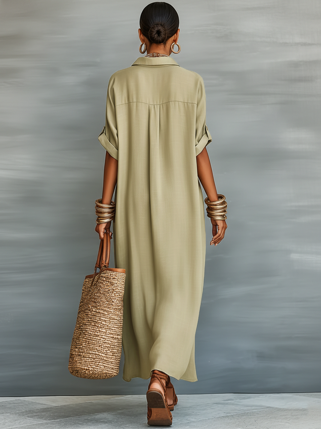 FJØRNA women's linen maxi dress featuring a flowing silhouette and natural fabric, perfect for casual and summer wear.