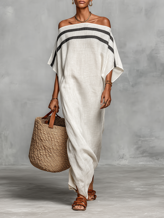 Linen off-shoulder maxi dress for women by FJØRNA, featuring a relaxed fit and elegant design, perfect for warm weather.