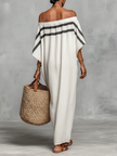 Linen off-shoulder maxi dress for women by FJØRNA, featuring a relaxed fit and flowing fabric perfect for warm weather.