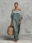 Linen off-shoulder maxi dress for women by FJØRNA, flowing lightweight fabric with relaxed fit and elegant neckline.