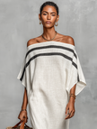 Linen off-shoulder maxi dress for women by FJØRNA, flowing design with relaxed fit and elegant off-shoulder neckline.