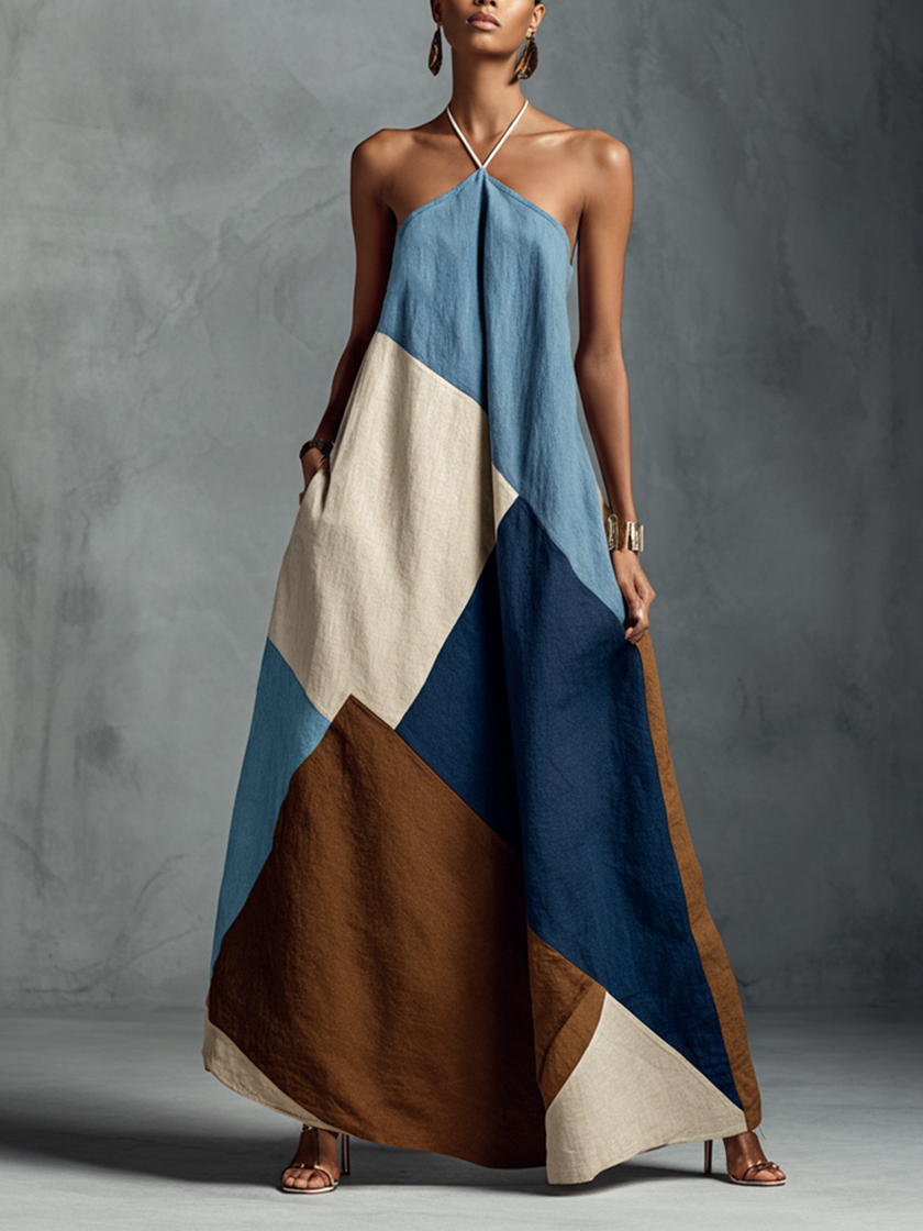 FJØRNA linen patchwork maxi dress featuring a casual, flowing design with patchwork details and a relaxed fit.