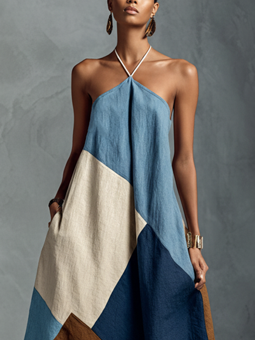 FJØRNA linen patchwork maxi dress, casual style with flowy silhouette and patchwork details, perfect for relaxed summer wear.