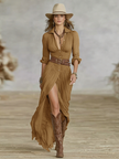 FJØRNA linen pleated maxi dress for women, flowing fabric, V-neckline, and elegant pleats perfect for summer or casual wear.