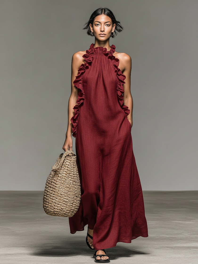 FJØRNA linen ruffle maxi dress for women, flowing maxi dress with ruffle details, lightweight and elegant for summer wear
