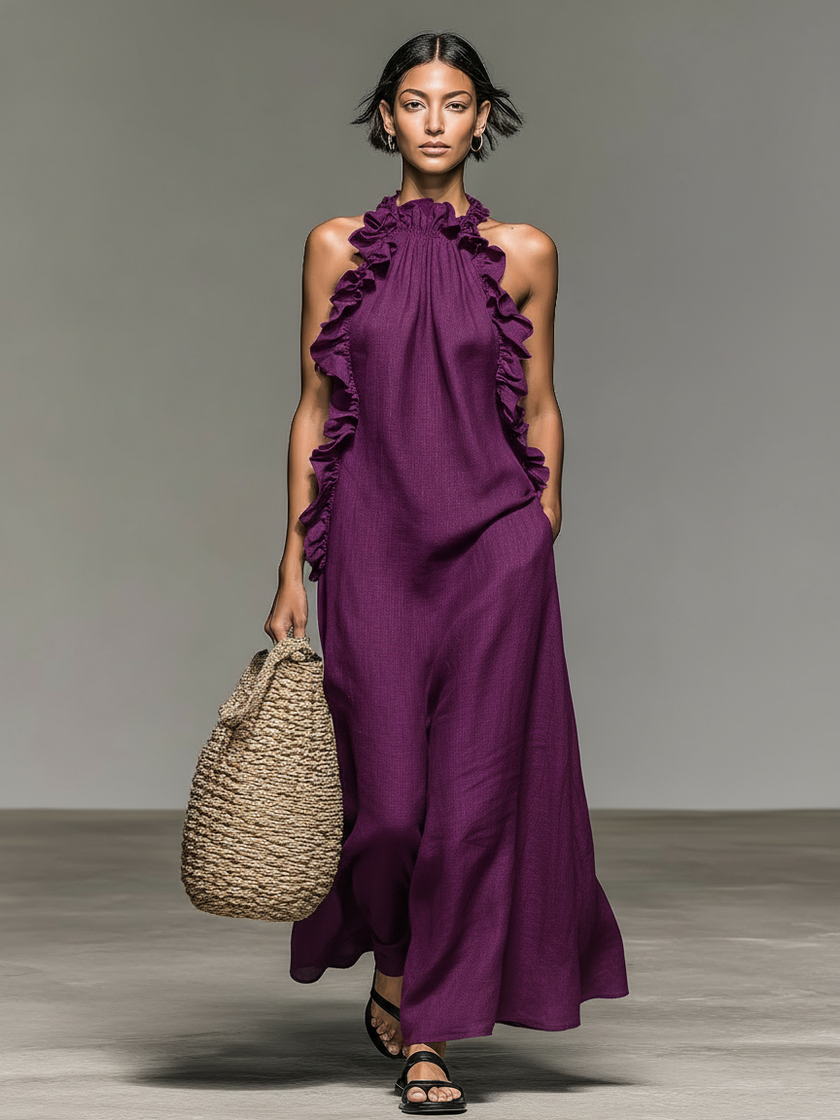 FJØRNA linen ruffle maxi dress for women, flowing sleeveless dress with ruffled details and a relaxed fit, ideal for warm weather.